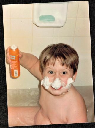 Vintage Photograph Cute Little Boy Sitting In Water W/ Soap On Face