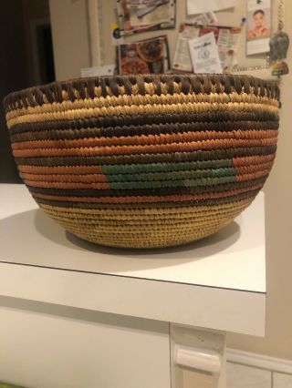 Old African Coil Woven Basket  Turquoise Brick Red Browns