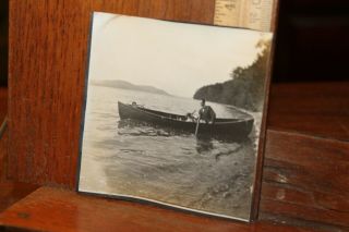 Antique Photo Man In Canoe On Lake With Dog