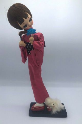 Vintage Bradley Big Eye Doll Japanese Pink Kimono Blue Flower And Dog 13 Inch