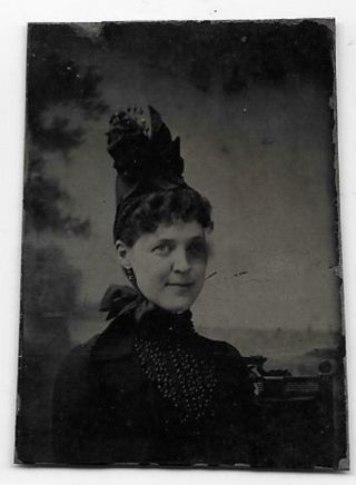 Tintype Photo T183 Woman W/ Hat Posing - Mrs.  C.  A.  N.  Smith N.  Y.  - Gem Photo