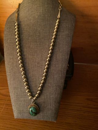Fine Vintage Old Pawn Coin Silver Beads & Sterling Silver Chain & Turquoise Pend