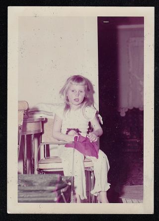 Vintage Photograph Cute Little Girl Sitting In Chair In Retro Room