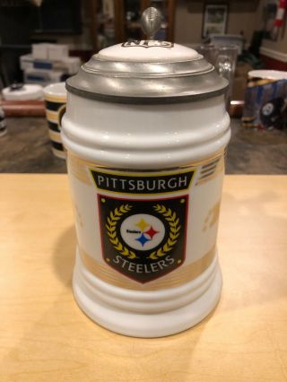 Vintage Pittsburgh Steelers Beer Stein Ceramic With Pewter Lid Rare