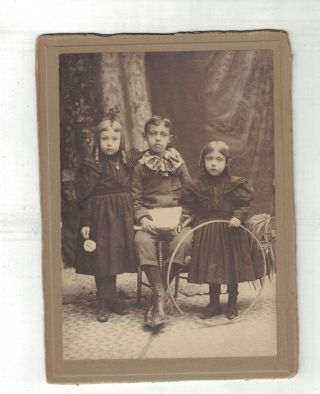 Victorian Studio Photo Of 3 Children,  1 With Hula Hoop