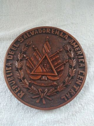 Carved Republica De El Salvador Coat Of Arms Folk Art Wood Hanging Plaque Sign