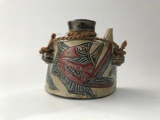 Japanese Pottery Sake Bottle Kettle Tokkuri Vintage Signed Ryukyu Ware Fish U059