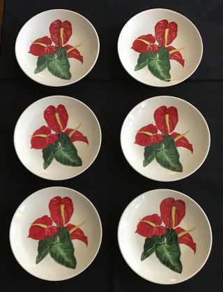 Set Of 6 Santa Anita Ware Red Anthurium 1949 Flowers Of Hawaii 6 1/2” Plates