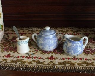 Vintage Childs Cream & Sugar Blue Willow Tea Set Transferware Dishes Tin Spoon