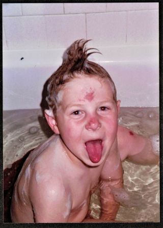 Vintage Photograph Cute Little Boy Sitting In Water Making Face - Bruised Head