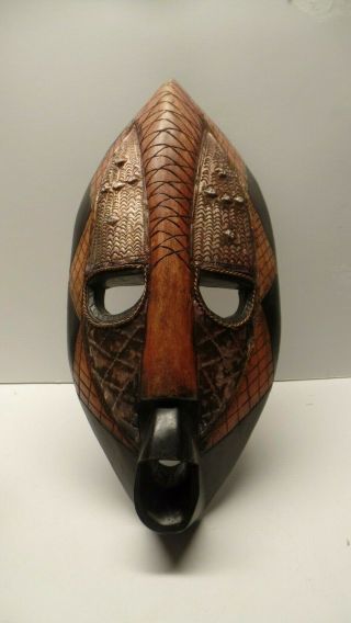 African Kenya Tribal Mask Hand Carved Wood W Hammered Metal & Twisted Copper