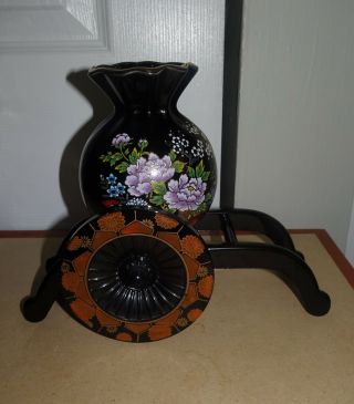 Vintage Yamanaka Japan Ceramic Floral Vase With Cart