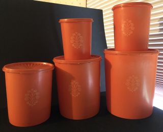 Set Of 5 Vintage Tupperware Orange Servalier Nesting Canisters W Lids