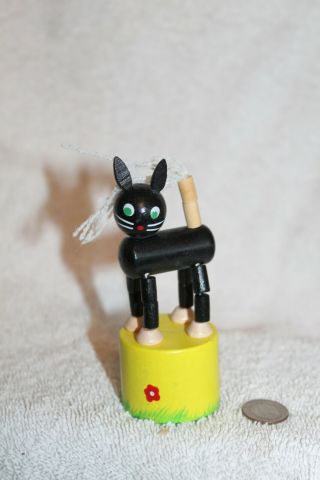 Vtg Push Button Wooden Cat Puppet,  Black,  Wood Base,  Unbranded