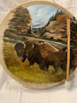 Hand Painted Drum Of Buffalo On Hide And Sinew