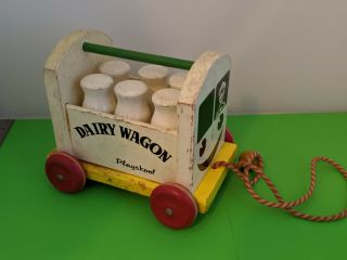 Vintage Wooden Playskool Dairy Wagon Pull Toy With 6 Milk Bottles