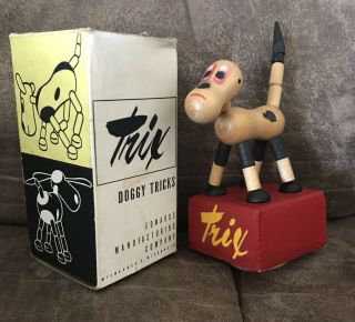 Vintage 1950s Trix Doggy Tricks Wooden Push Puppet With Box
