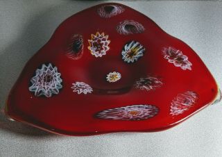 Vintage Murano Red With Multi Colored Millefiori Glass Ashtray Or Candy Bowl