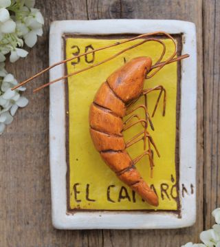 Clay Loteria 30 El Camarón Shrimp By Rafael Pineda Mexican Board Game Folk Art