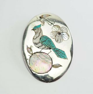 Vintage Zuni Sterling Silver Inlaid Gemstones Blue Jay Bird Signed Pendant Pin