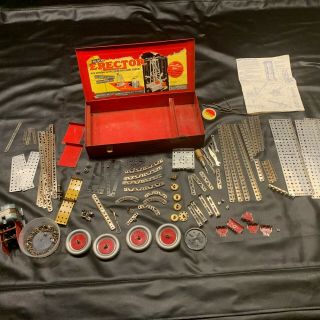 Vintage Gilbert Erector Set Red Metal Box Motor Parts Gears Girders Angle Screws