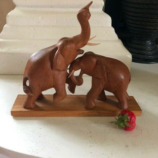 Vintage Hand Carved Solid Teak Fighting Elephants Wooden Statue 10 " W X 8 1/4 Tal