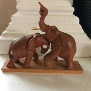 Vintage Hand Carved Solid Teak Fighting Elephants Wooden Statue 10 