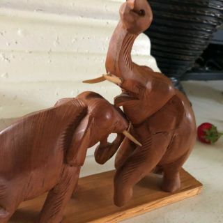 Vintage Hand Carved Solid Teak Fighting Elephants Wooden Statue 10 