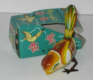 Vintage Tin Litho " Clockwork " Oriole Bird Tin Litho Toy Box Nos