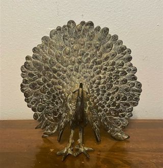 Vintage Brass Peacock Bird Statue Sculpture - 9.  5 " Tall