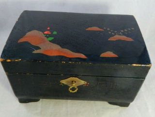 Vintage Antique Japanese Black Lacquer Hand Painted Jewelry Music Box W/ Key