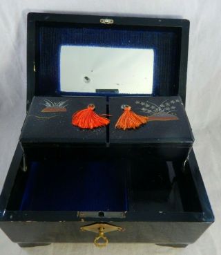 Vintage Antique Japanese Black Lacquer Hand Painted Jewelry Music Box w/ Key 2