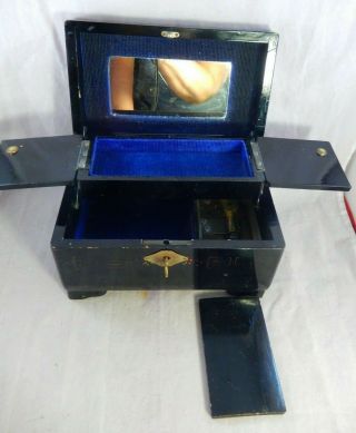 Vintage Antique Japanese Black Lacquer Hand Painted Jewelry Music Box w/ Key 3