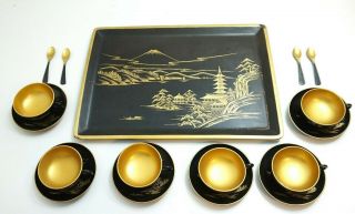 Vintage Black Lacquer Painted Serving Tray With Tea Cups,  Saucers And Spoons