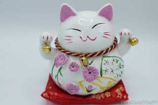 Japanese Feng Shui Maneki Neko Beckon Lucky Cat Wave Bells Ceramic Piggy Bank