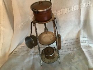 Unique Vintage Set Of Copper Toy Cookware With Rack
