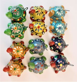 12 Vtg Mexican Turtles Clay Pottery,  Six Pairs Hand Painted Charms Miniatures 1 "