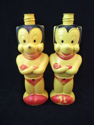 Vintage Terrytoons 1963 Mighty Mouse Cologate Plastic Soaky Bottle Set Of 2