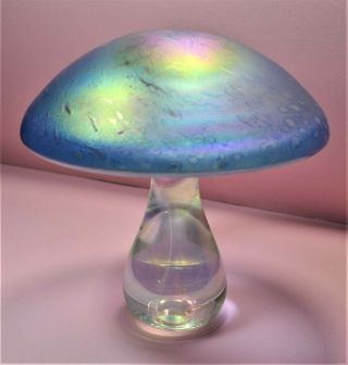 Vintage Large Heron Glass Mushroom Paperweight Pale Blue Iridescent Lustre 15 Cm