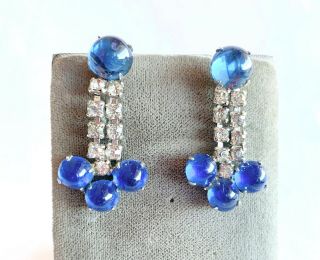 Vintage Drop Earrings Sapphire Cabochon & Rhinestone,  Art Deco Retro