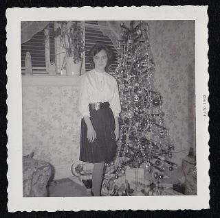 Vintage Photograph Young Woman Standing In Front Of Christmas Tree