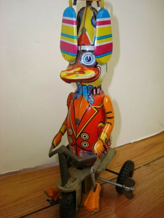 Vintage Tin Litho Wind Up Duck On Bicycle Made In W.  Germany Vg
