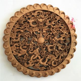 Art Chinese Hand Carved 9 Dragon Statue Camphor Wood Plate Wall Sculpture