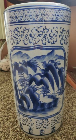 Vintage,  ceramic umbrella stand blue and white porcelain 18 