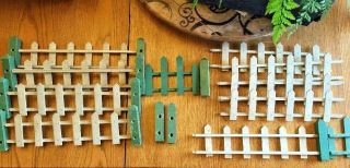 Vintage Childs Toy - 9 White Wooden Garden Farm Fence Sections,  2 Green Gates