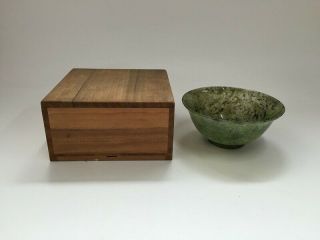 Japanese Stone Tea Ceremony Bowl Cup Vtg Chawan Wooden Box Green S427