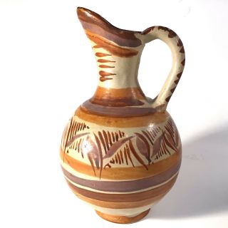 Mexican Pottery Pitcher Hand Crafted And Painted Signed 7 1/2 " Feathers Handle