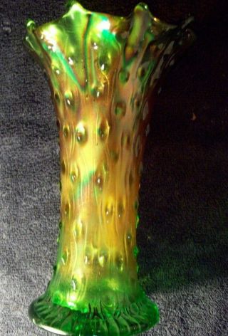 Vtg Northwood Signed Green And Amber Carnival Glass Vase " Tree Trunk " 8 "
