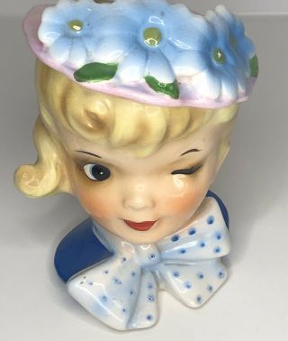 Vintage Enesco Japan Winking Blonde Girl Head Vase 5 " With Hat And Bow