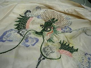 Cream Silk Kimono/robe Wwii Era Embroidered Dragons Estate Size Sm - Med 24 " X 47 "